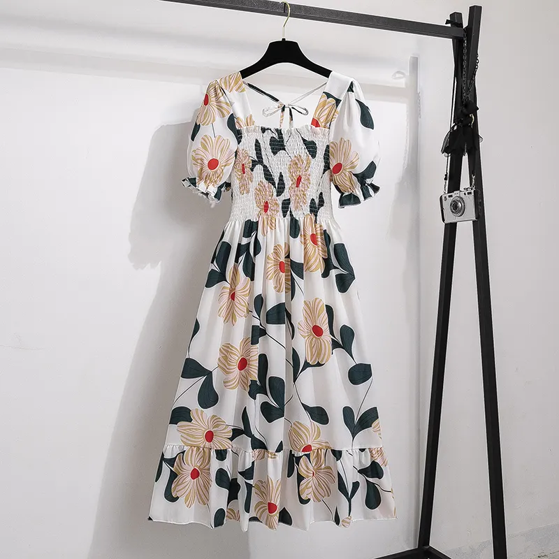 2023 Spring Summer Short Sleeve Casual Dresses Female Elastic Waist Pleated Backless Chiffon Dress Women Midi Dresses Vestido